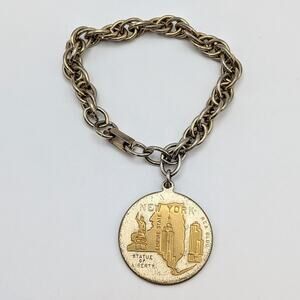 Vintage New York Charm Bracelet Two Tone Empire State Statue of Liberty 7in
